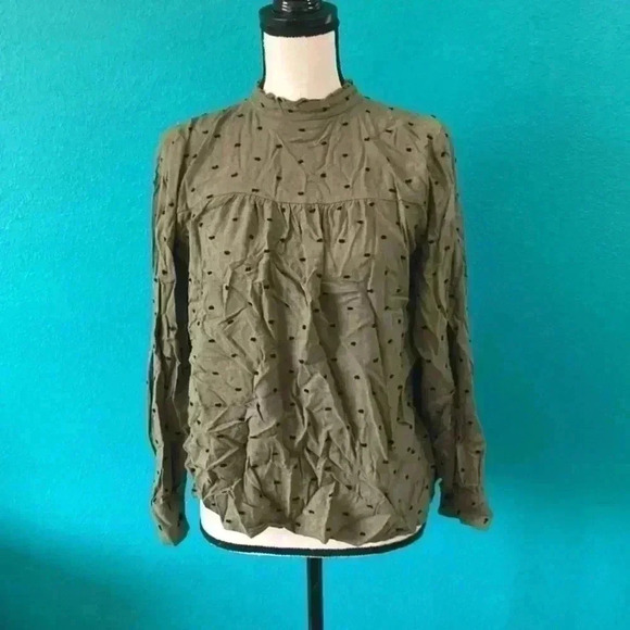 Zara long sleeve olive green and black polka Swiss dot blouse in size small - Picture 1 of 3